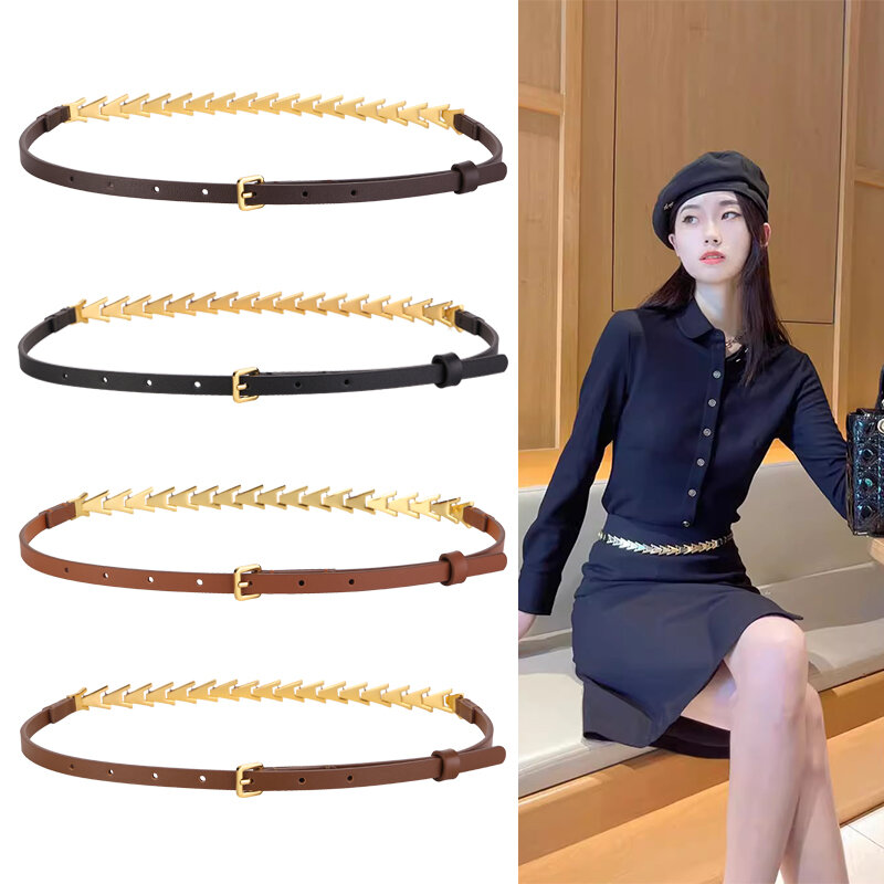 New Women Thin Belt Genuine Leather Metal Fishbone Shape Pin Buckle Suitable for Dresses Jeans Luxury Women Belt