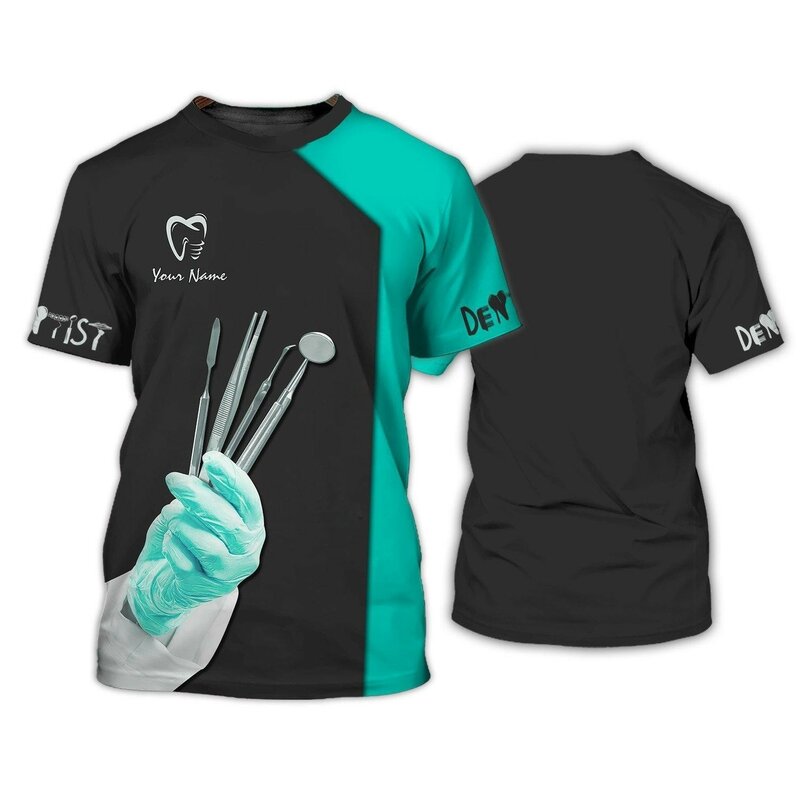 Baju dokter gigi lengan pendek pria dan wanita, T-shirt jalanan lengan pendek cetakan simulasi 3D menyenangkan
