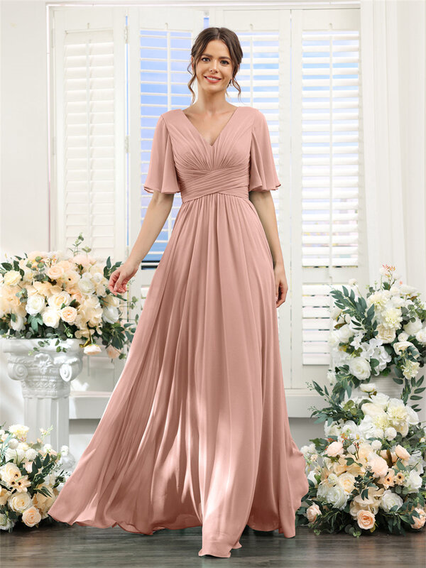 Gaun A-line sifon kerah V untuk wanita, Gaun malam Formal berlipat panjang lantai belahan, gaun Off-the-shoulder pernikahan