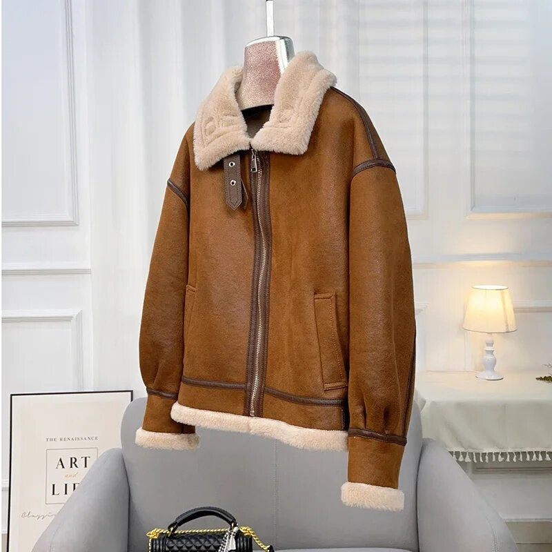 100% AYUNSUE 여성용 양 전단 재킷, 2024 짧은 울 코트, 여성 의류, 오토바이 외투, Kurtka Zimowa Damska