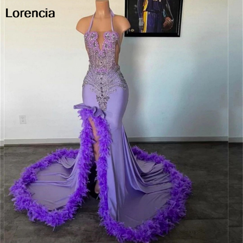 Lorencia Purple Feathers Mermaid Prom Dress For Black Girls Lace Applique Beading Front Split Party Gown Robe De Soiree YPD83