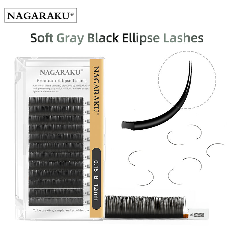 NAGARAKU-Extensión de pestañas de forma plana, pestañas de elipse plano, puntas divididas, Color negro, gris mate, súper suave, suave, Natural