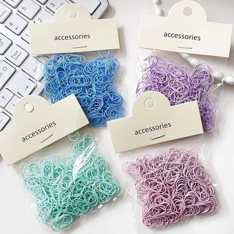 100pcs/pack Girly Love Heart Paper Clips Metal Bookmark Decoration Paper Clamps Candy Color Special-shaped Bookmark Clip Office