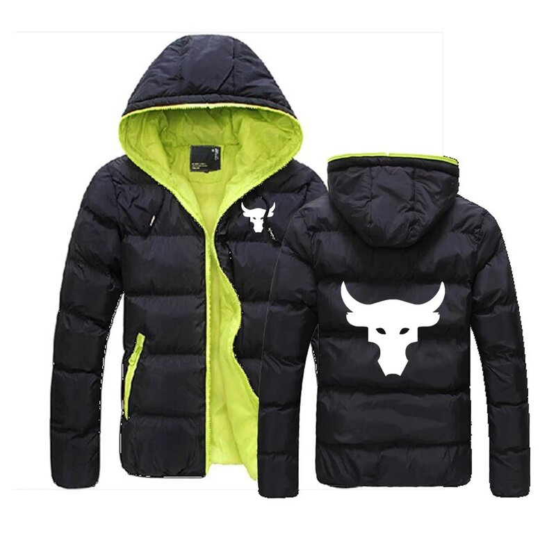 2024 Autumn Winter Mens Dwayne Johnson Brahma Bull Tattoo Logo Print Warm Comfortable Hooded Zip Contrasting Color Cotton Jacket