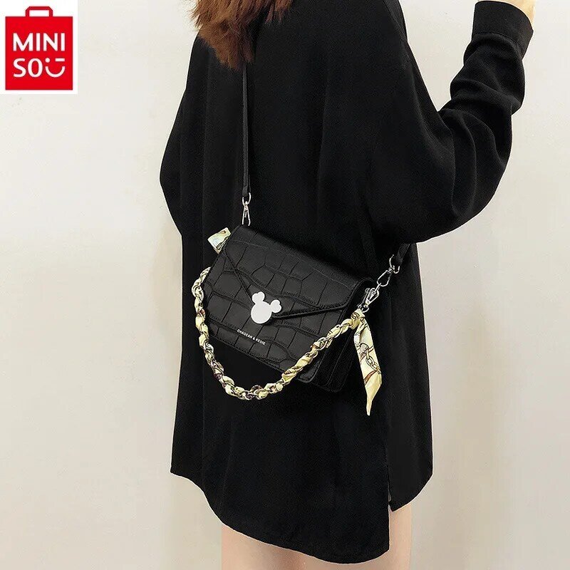 MINISO Disney Luxury Brand Mickey Ribbon Chain Crossbody Bag Women's Fashion High Quality Large Capacity Storage Cambridge Bag