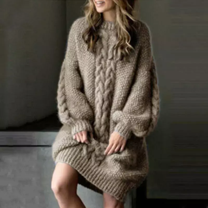 Gaun Sweater lengan panjang rajut wanita musim gugur musim dingin baru gaun pullover S-5XL pakaian leher-o seksi kasual mode warna polos