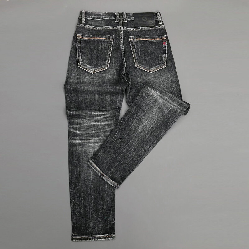 Jeans retrô elástico rasgado masculino, calça jeans vintage, elástica, justa, designer de moda clássica, de alta qualidade