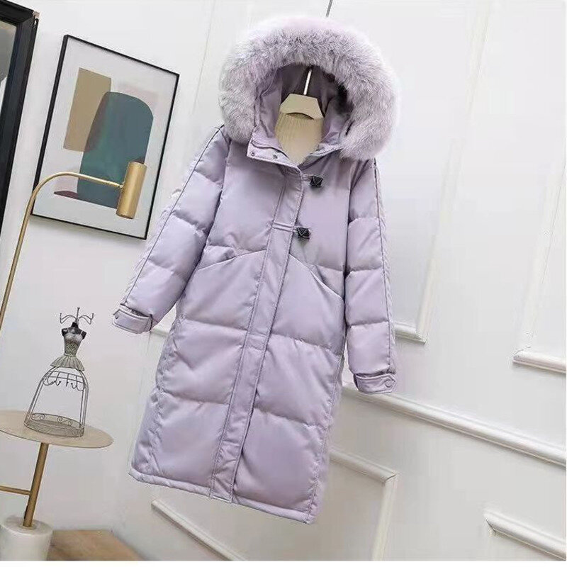 Winter Down Coat Women's Artificial Fur Or No Fur Hooded Korea Solid Zipper Horn Button Long Loose Thickened Warm Down Jacket