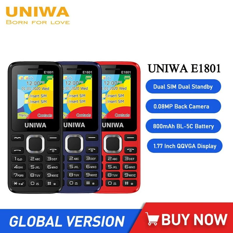 Uniwa e1801 entsperrte Tasten Telefone 1,77 Zoll 800mAh 2g Feature-Telefon Dual-Sim-Standby-Handy für das alte drahtlose FM-Radio