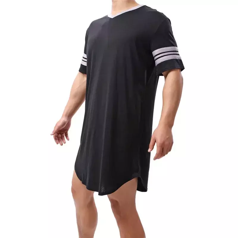 メンズ半袖Vネックホームウェアバスローブ、男性のパッチワークパジャマ、ゆったりとした快適なバスローブ、膝丈のナイトガウン、夏のホームウェア