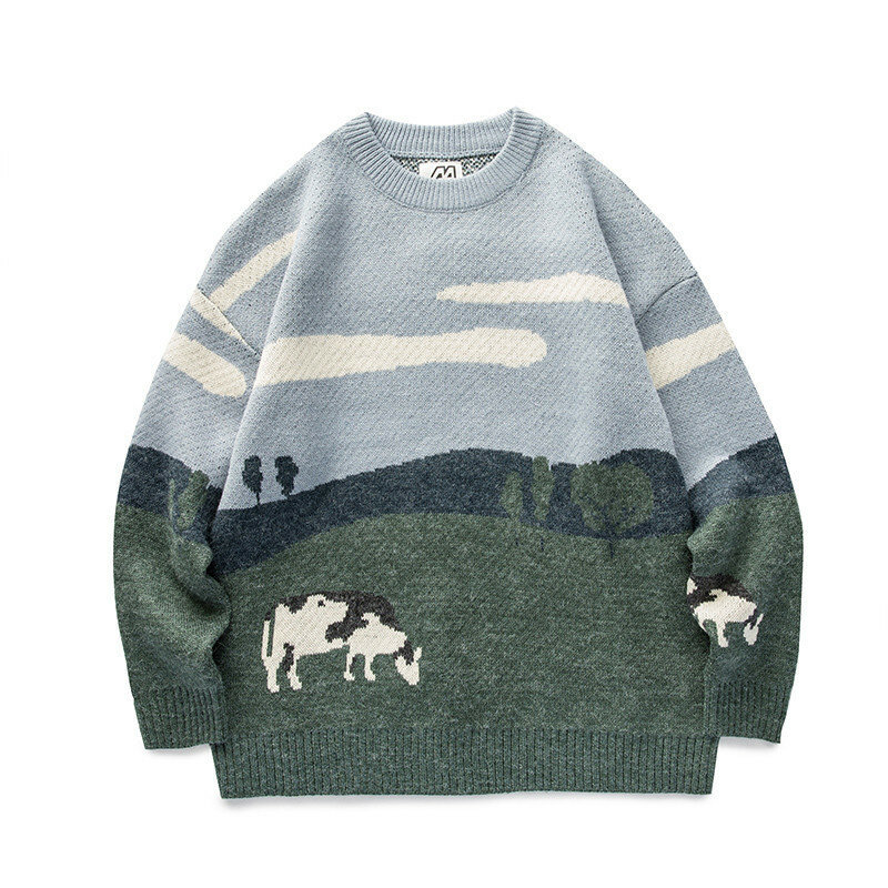 Suéteres Vintage de vacas para hombres y mujeres, jerseys Unisex, cuello redondo, moda coreana, suéter informal Harajuku, ropa de invierno