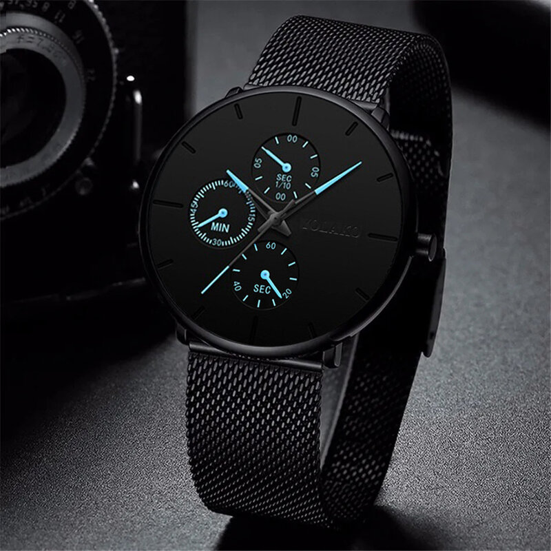 3 Stuks Set Mode Heren Zakelijke Horloges Voor Mannen Zwarte Armband Ketting Luxe Ultra Dunne Roestvrij Staal Gaas Riem Quartz Horloge