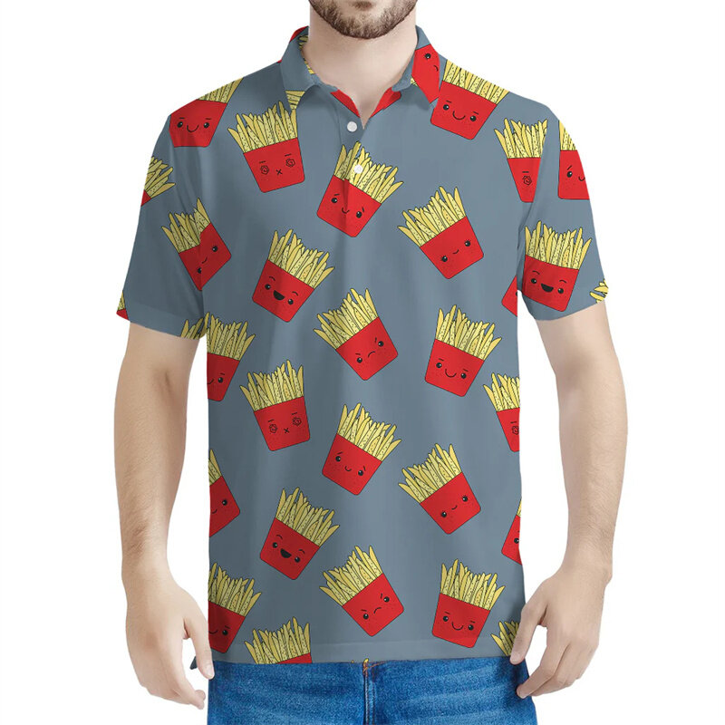 Рубашка-поло мужская с 3D-принтом картошки фри, Повседневная Уличная одежда с лацканами, на пуговицах, с короткими рукавами