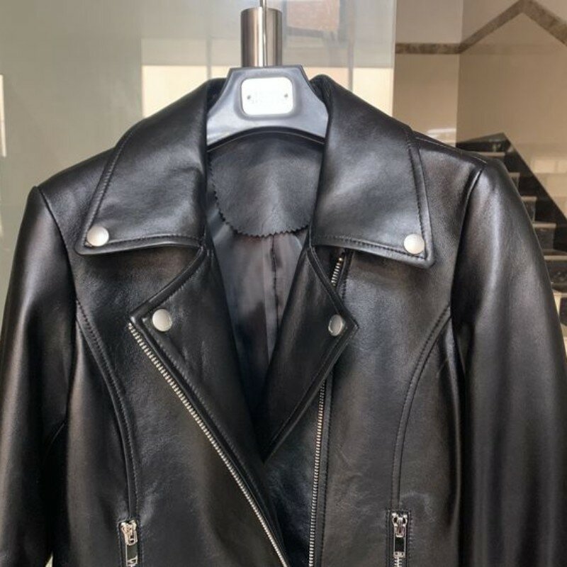 여성용 짧은 슬림핏 오토바이 재킷, 100% 양가죽 진짜 가죽 코트, 여성용 진짜 가죽 재킷, 2023 용수철 신상