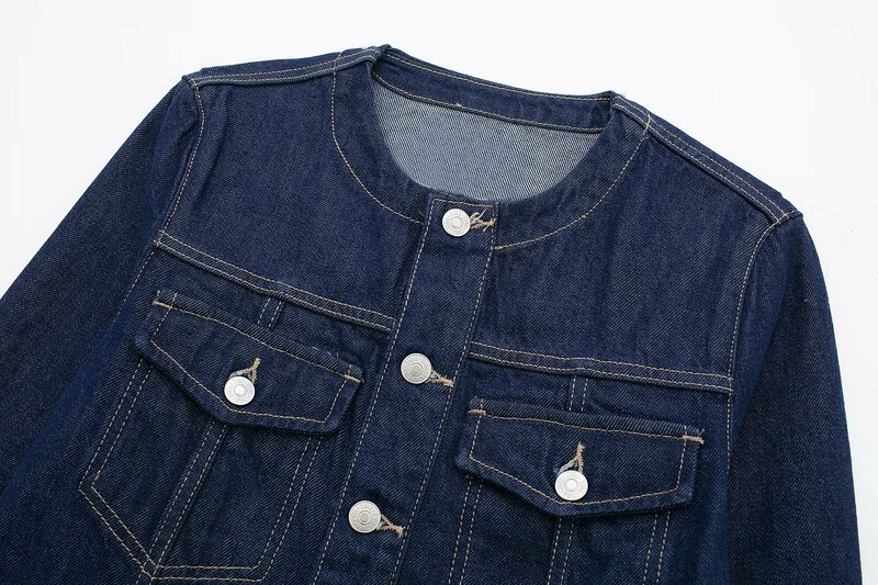 Jaqueta jeans retrô de manga comprida feminina, casaco gola O, botão para cima, decoração de bolso, blusa chique casual, nova moda