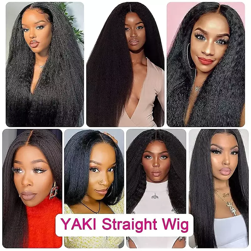 Kinky Straight Wig 180% Density Black Yaki Lace Front Wig For Women With Baby Hair Synthetic Wigs Heat Temperature Glueless