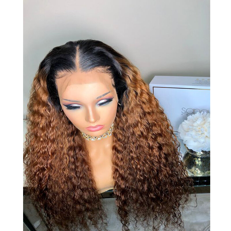 Deep Part Soft Long 26''180 Density Ombre Blond Kinky Curly Lace Front Wigs For African Women Babyhair Daily PrePlucked Glueless