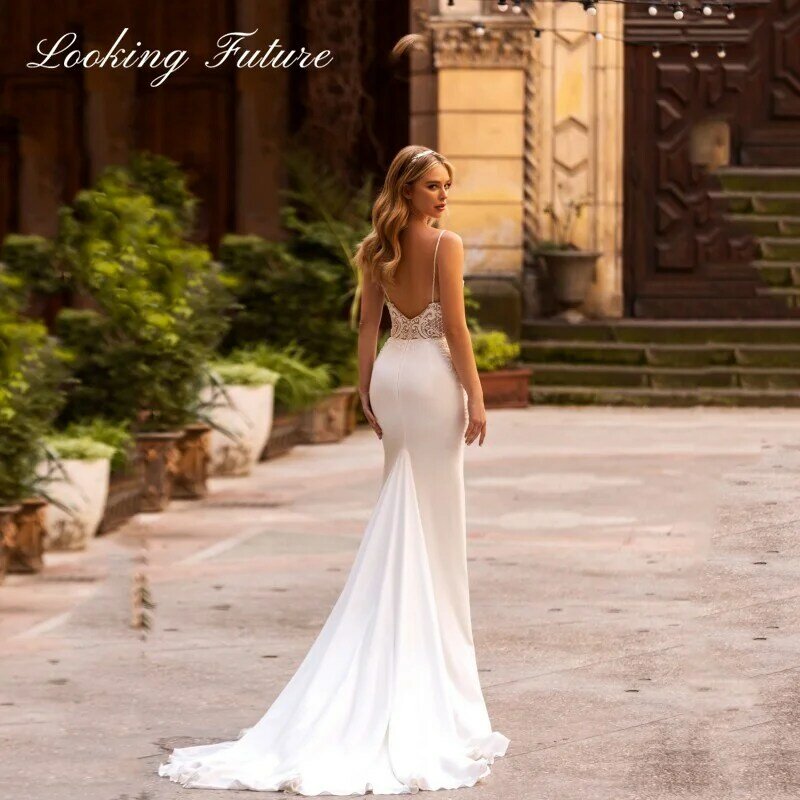Morden Lace Embroidery Satin A Line Wedding Dresses V Neck Sleeveless Bridal Gown Simple Plain Pleat Long Train Court Train 2024