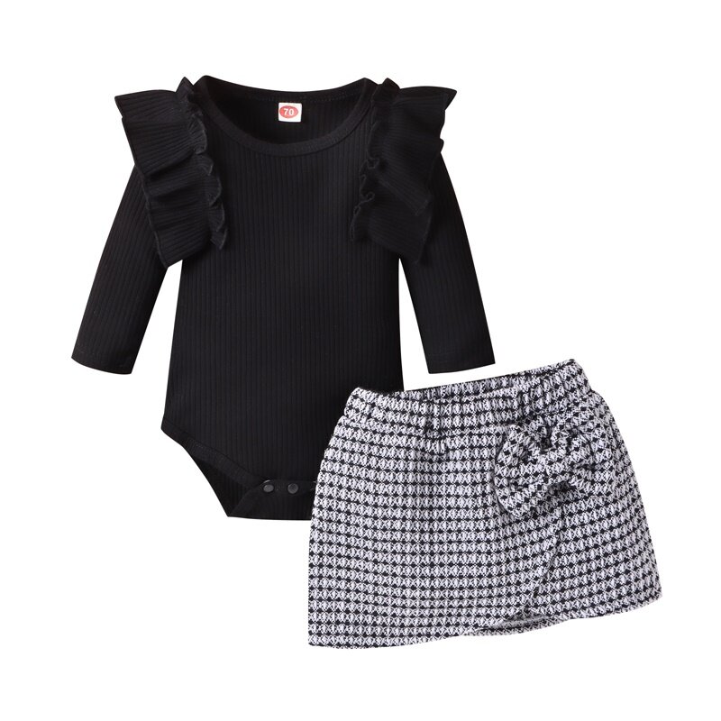 女の赤ちゃんの長袖フリルニットTシャツ,タータンミニスカートの衣装,タートルネック,秋と冬