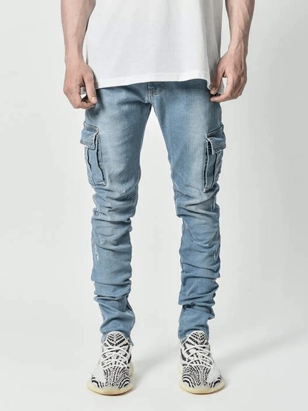 Новинка 2024 г., уличные узкие джинсовые карго с несколькими карманами и отверстиями для ног