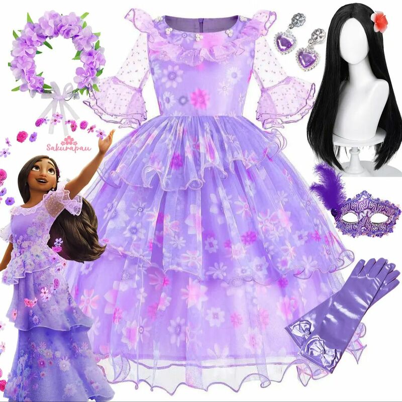Girls Encanto Isabela Mardrigal Fairy Dress Floral Ball Gown Ruffled Vestidos Mirabel Princess Party Cosplay Halloween 2024 Robe