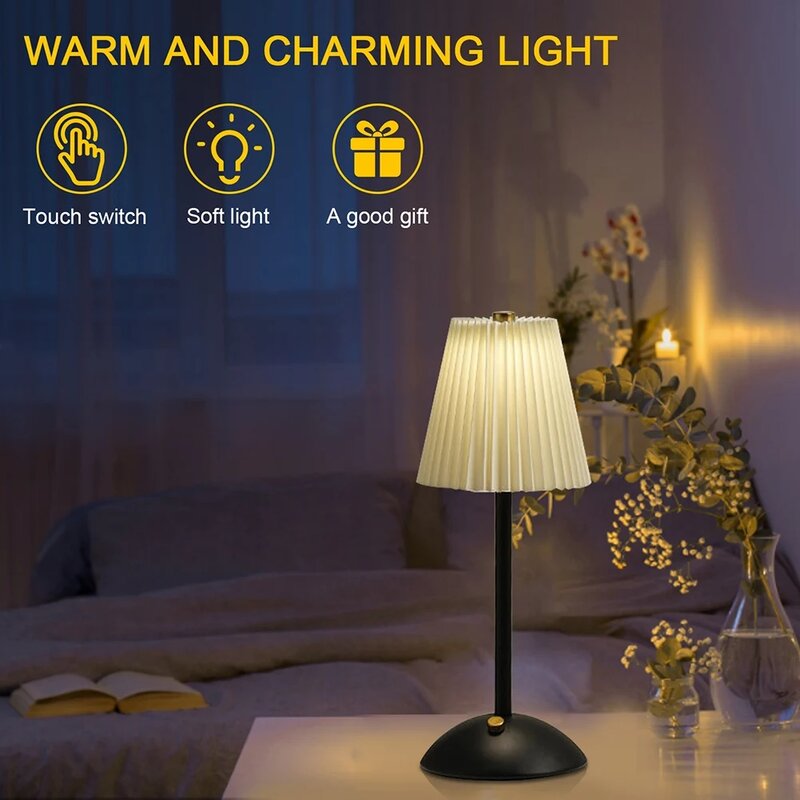 금속 베이스가 있는 주름 쉐이드 나이트 스탠드 램프, 북유럽 크리에이티브 램프, 충전식 3 가지 색상, 거실 침실용 디밍 가능