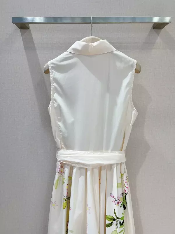 Cotton Self Bow Tie New Summer Sleeveless White Lemon Floral Position Print Vest Women Midi Dress