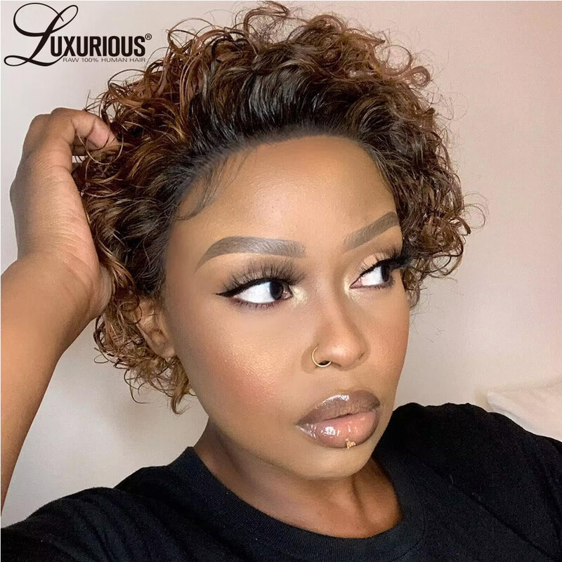 13x1 Short Pixie Cut Lace Front Wig Ombre Curly Pre Plucked Wig For Women Brazilian Human Hair Hd Transparent Lace Frontal Wigs