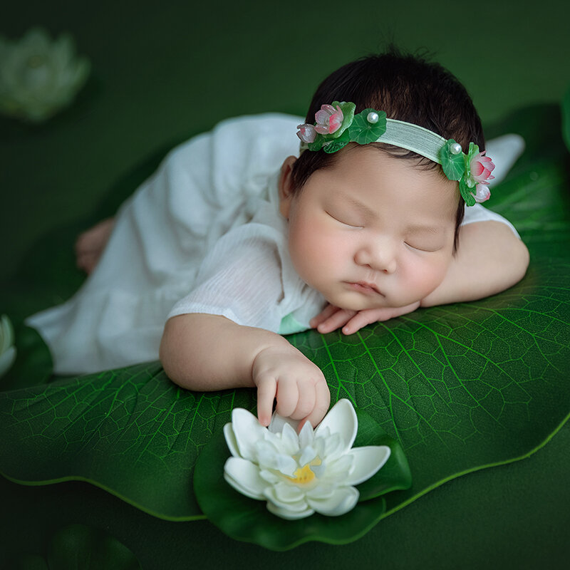 Lotus Photography Props roupas para bebês, estilo pouco fresco, vestidos de menina, headwear, acessórios temáticos criativos, suporte fotográfico