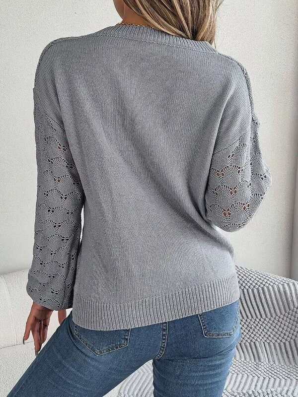Casual Loose Knitted Sweater Pullover for Autumn/Winter Women's Pullovers New V-neck Button Hollow Full Lantern Sleeve Sweaters