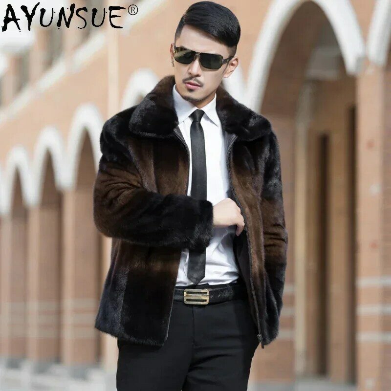 AYUNSUE-abrigo de piel auténtica de visón para hombre, chaqueta de alta calidad, abrigos de invierno, cuello vuelto, 2023