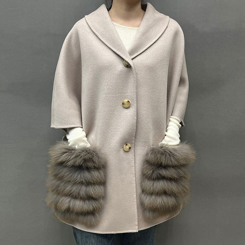Chaqueta de Cachemira Real para mujer, chaleco de lana con bolsillo de piel, manga corta, ropa de calle con bolsillo de piel, moda de primavera y otoño