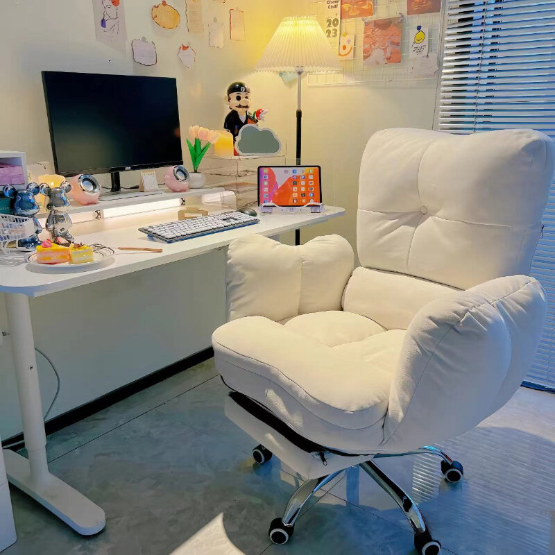 Silla de ordenador perezosa blanca, sofá suave y cómodo, mesa de estudio y silla reclinable de piso de oficina con respaldo para el hogar