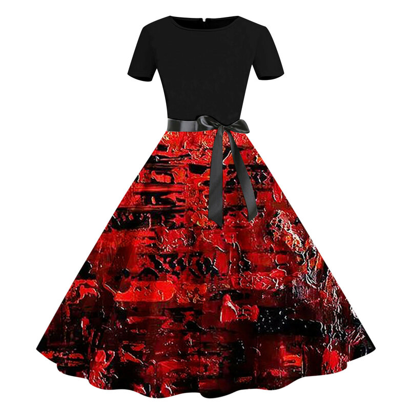 Women Halloween Print Short Sleeve 1950s Housewife Evening Party Prom Dress Woman Sundresses Casual Fall Dresses for Women