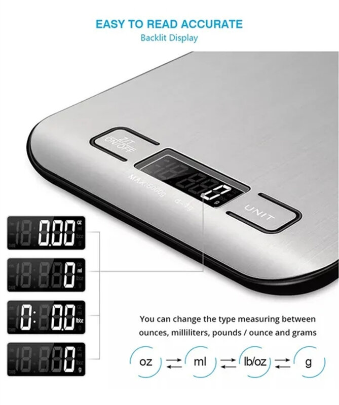 مقياس مطبخ رقمي إلكتروني محمول مع مؤقت ، دقة عالية ، شاشة LED ، توازن الوزن المنزلي ، أدوات قياس