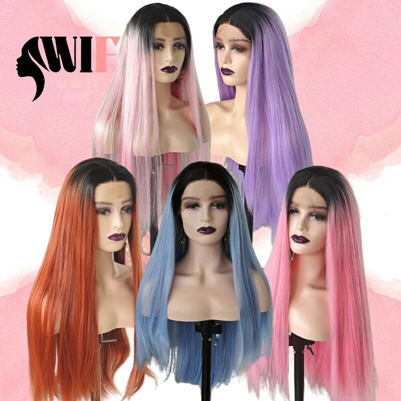 Wif Ombre rosa peruca sintética dianteira do laço para mulheres, peruca de cabelo reta longa, linha fina natural, colorido Cosplay perucas