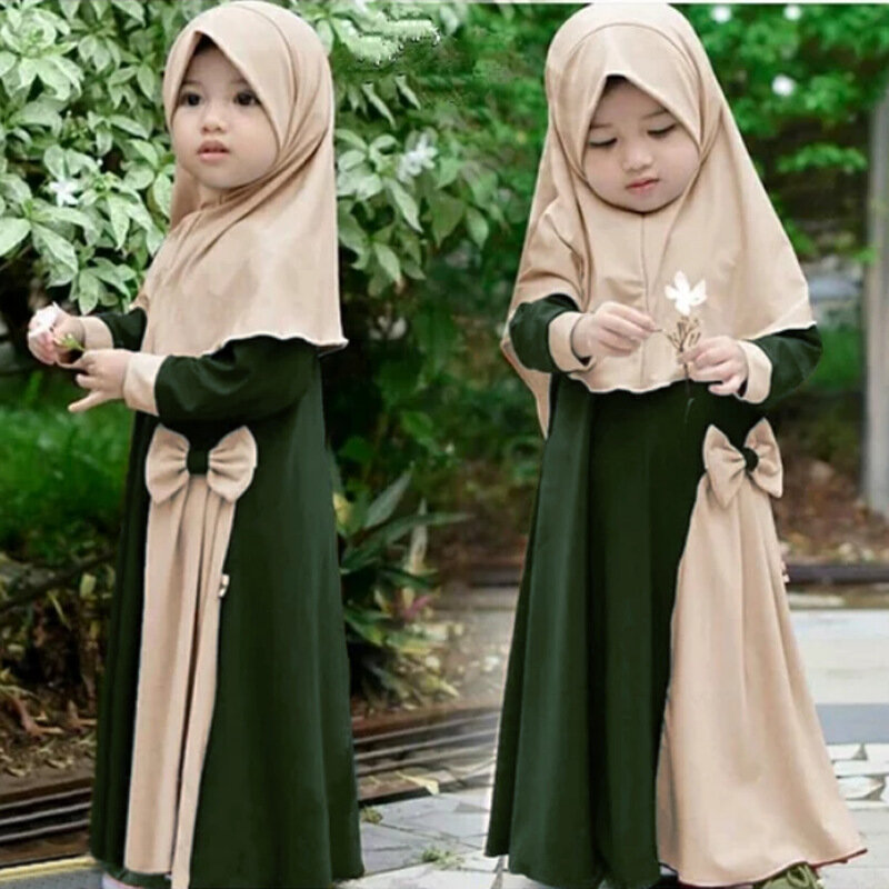 2 sztuki dla dzieci dziewczynki muzułmański hidżab zestaw sukienka Maxi z długim rękawem dzieci indyk dubajski arabski ubrania z chustą Eid Ramadan odzież