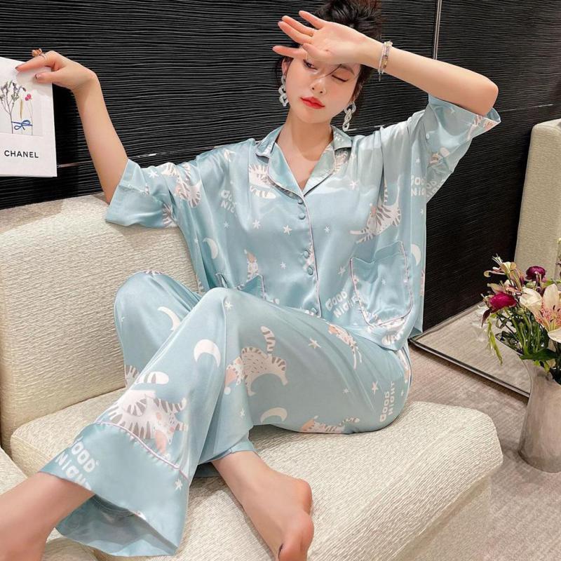 Feminino 2 pçs pijamas terno loungewear impresso pijamas com botões cetim camisa & calças conjunto turn-down colarinho roupa de noite casa