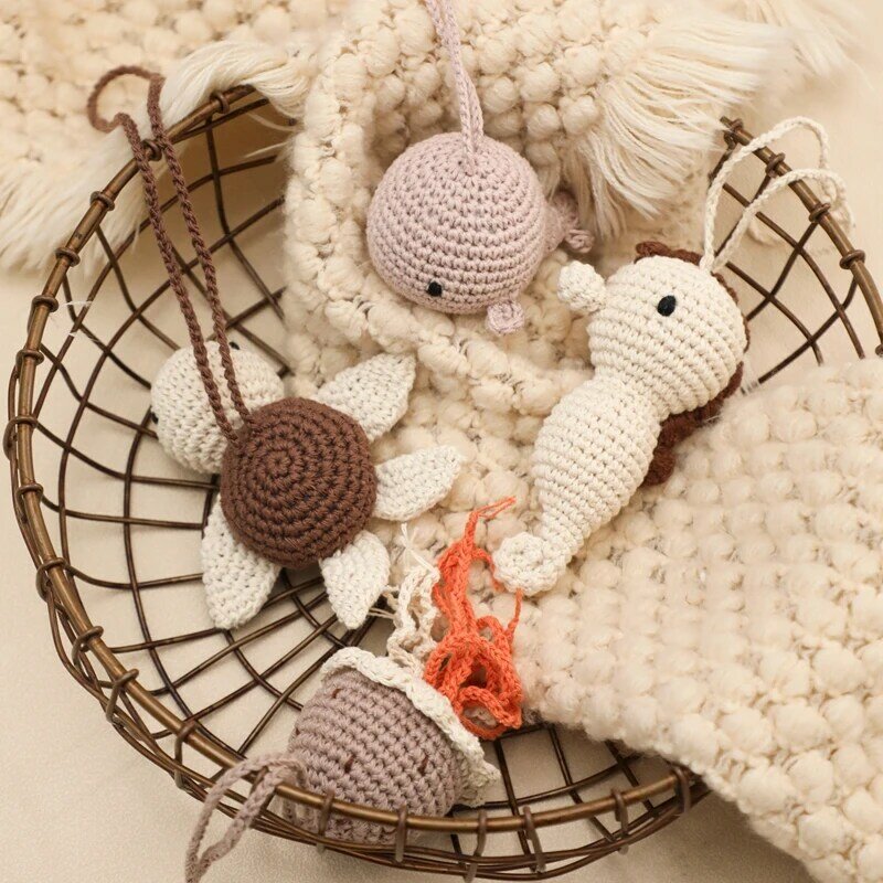 1pc Crochet Rattle Play Gym Pendant for Kids Ocean Crochet Rattle Mobile Bell Ring Wooden Babies Gym Montessori Children's Toys