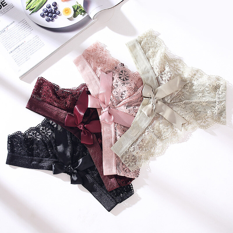 European And American Sexy Lace Transparent Hollow Low Waisted No Trace Thong Solid Color Erotic Movement Bow Briefs