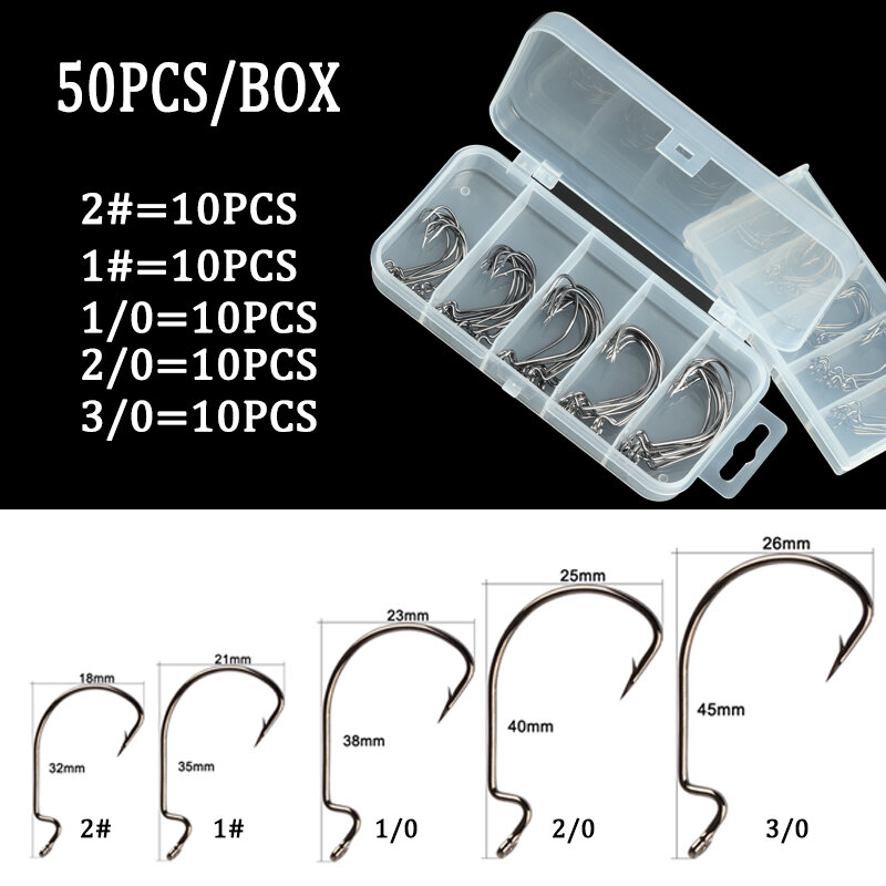 50Pcs/100 Stuks Zee Haken Vissen Box Offset Haak 2 #-3/0 # Karper Snap Vissen Grote haken Tackles Accessoires Vishaak