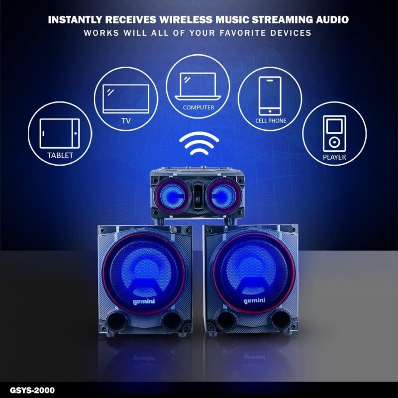 Gemini Sound-GSYS-2000 Bluetooth LED Party Light Stereo System, sistema de áudio Home Theater, 2000W Watts Estante Alto-falantes
