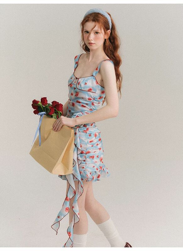 Vestido corto de verano con tirantes finos para mujer, minivestido Sexy con estampado Floral, estilo Retro Y2K