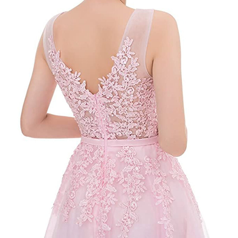 Розовое Тюлевое платье принцессы для встречи выпускников короткие кружевные аппликации для подростков выпускного вечера подружки невесты Вечерние платья с V-образным вырезом на спине Vestidos de fiesta