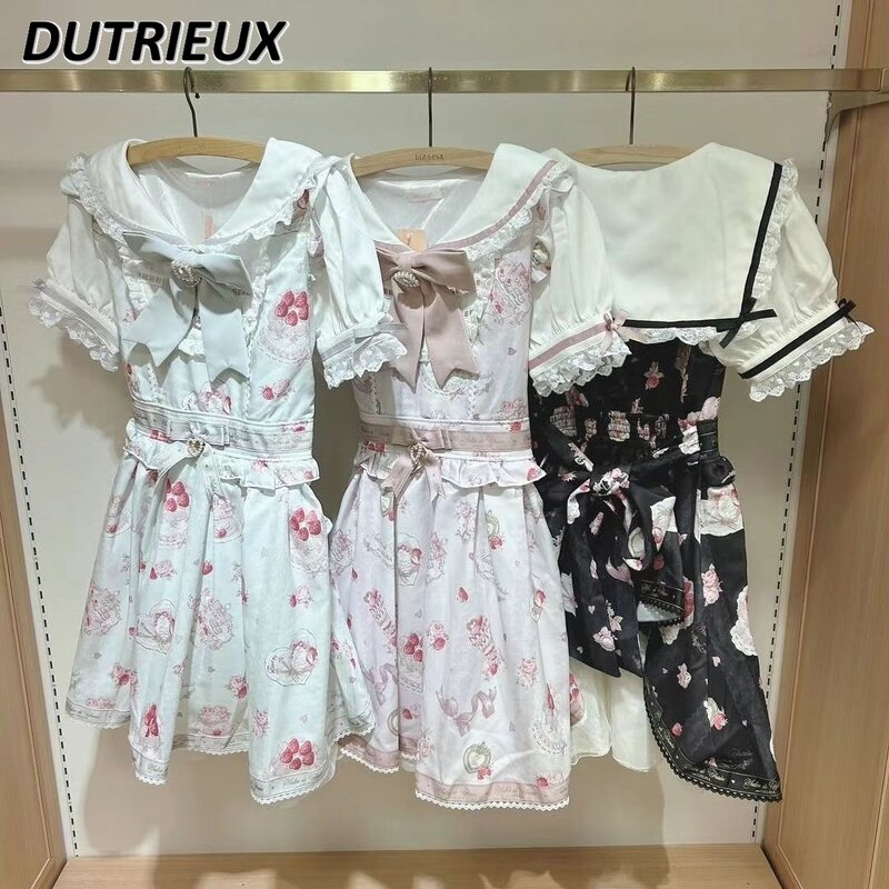 Japanischer Segel kragen Kurzarm Kleid weiblich Frühling Sommer neue Erdbeer kuchen Blumen Midi Kleid Student Lolita Kleider