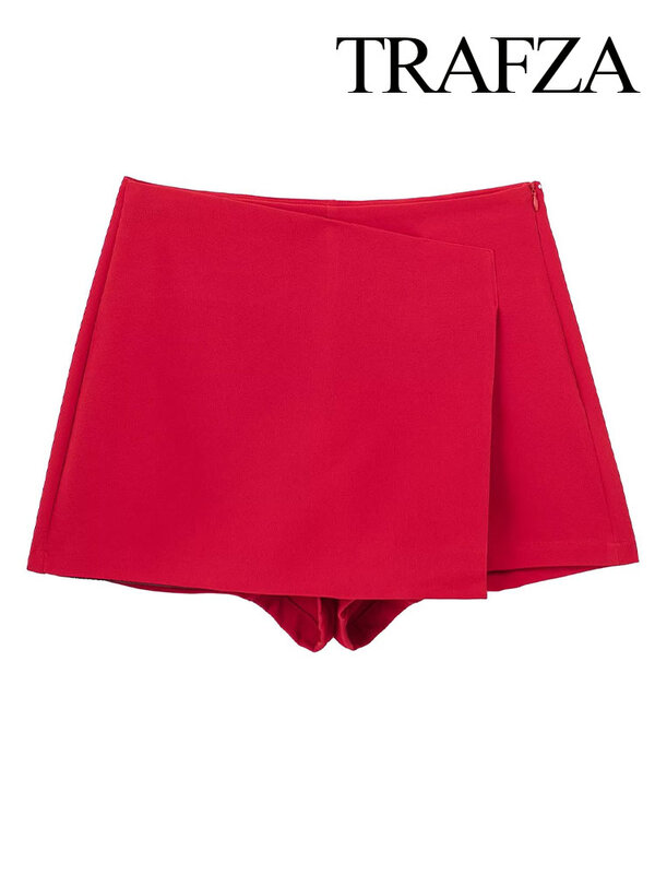 TRAFZA-pantalones cortos de cintura alta con cremallera para mujer, ropa informal ajustada de calle, color liso, verano, 2023