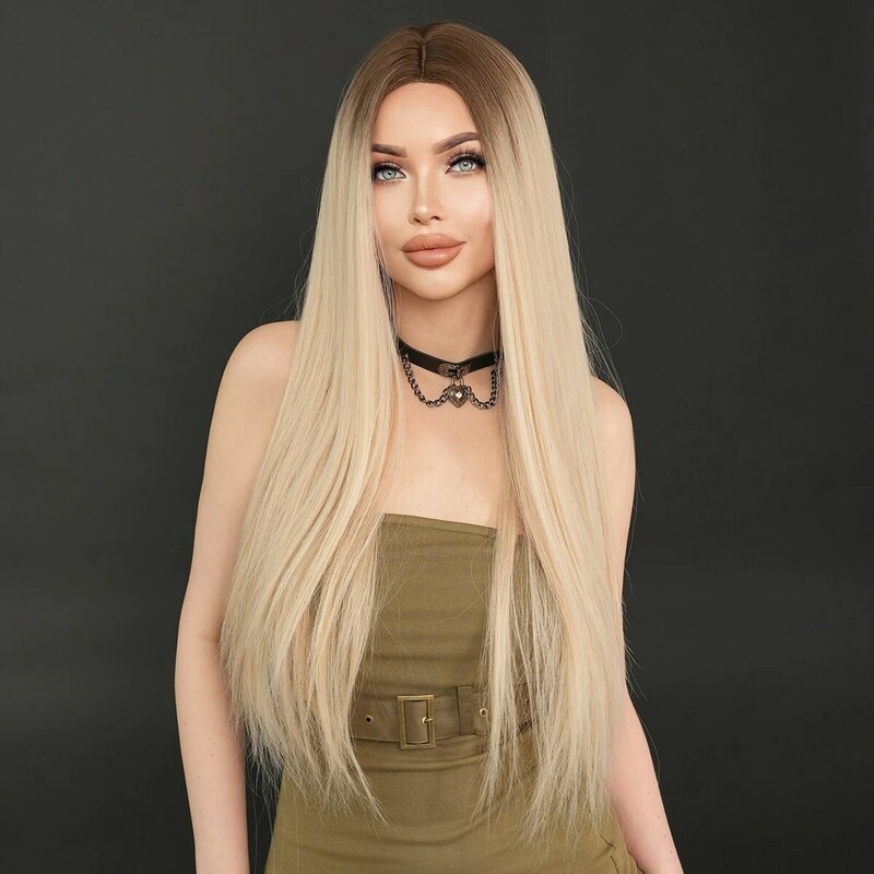 7JHH WIGS Long Straight Blonde Wigs with Dark Roots Middle Part Heat Resistant High Density Synthetic Wigs for Women