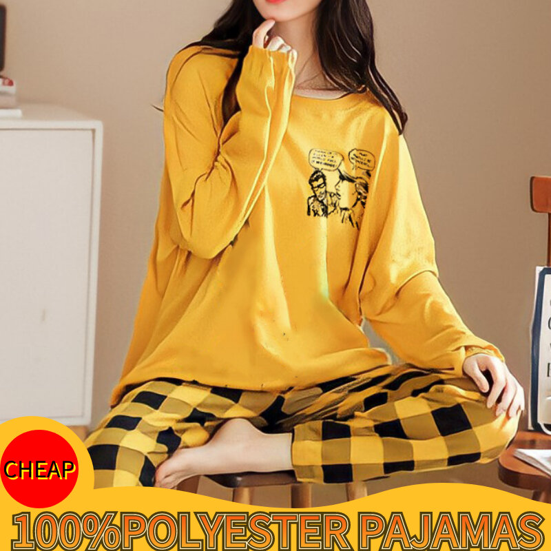 Frühling Herbst große Größe 5xl Frauen Polyester Pyjamas Plaid Nachtwäsche Langarm Homewear Sets Damen einfache lose lässige Pyjamas