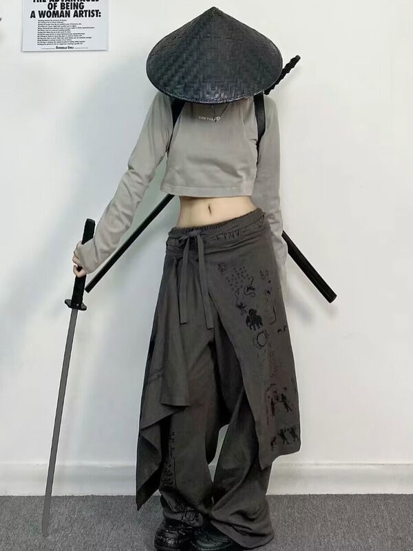 HOUZHOU Y2k Harajuku Oversize Skirt Over Pants Woman Gothic Vintage Patchwork Streetwear Japanese Style Korean Fashion Trousers