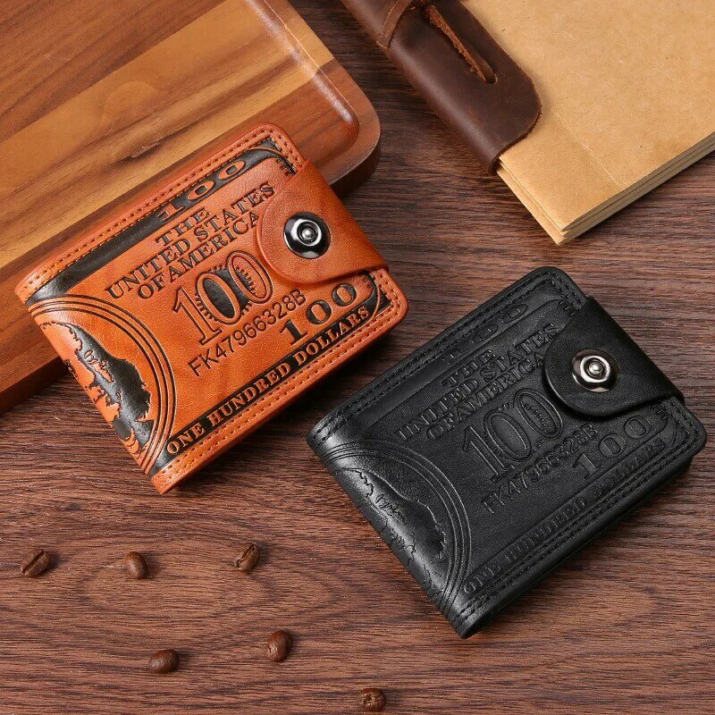 Men's Short Wallet,Gentleman European and American Trendy Brand Personalized Billfold, Two Fold Buckle Multi Card Leather Clip